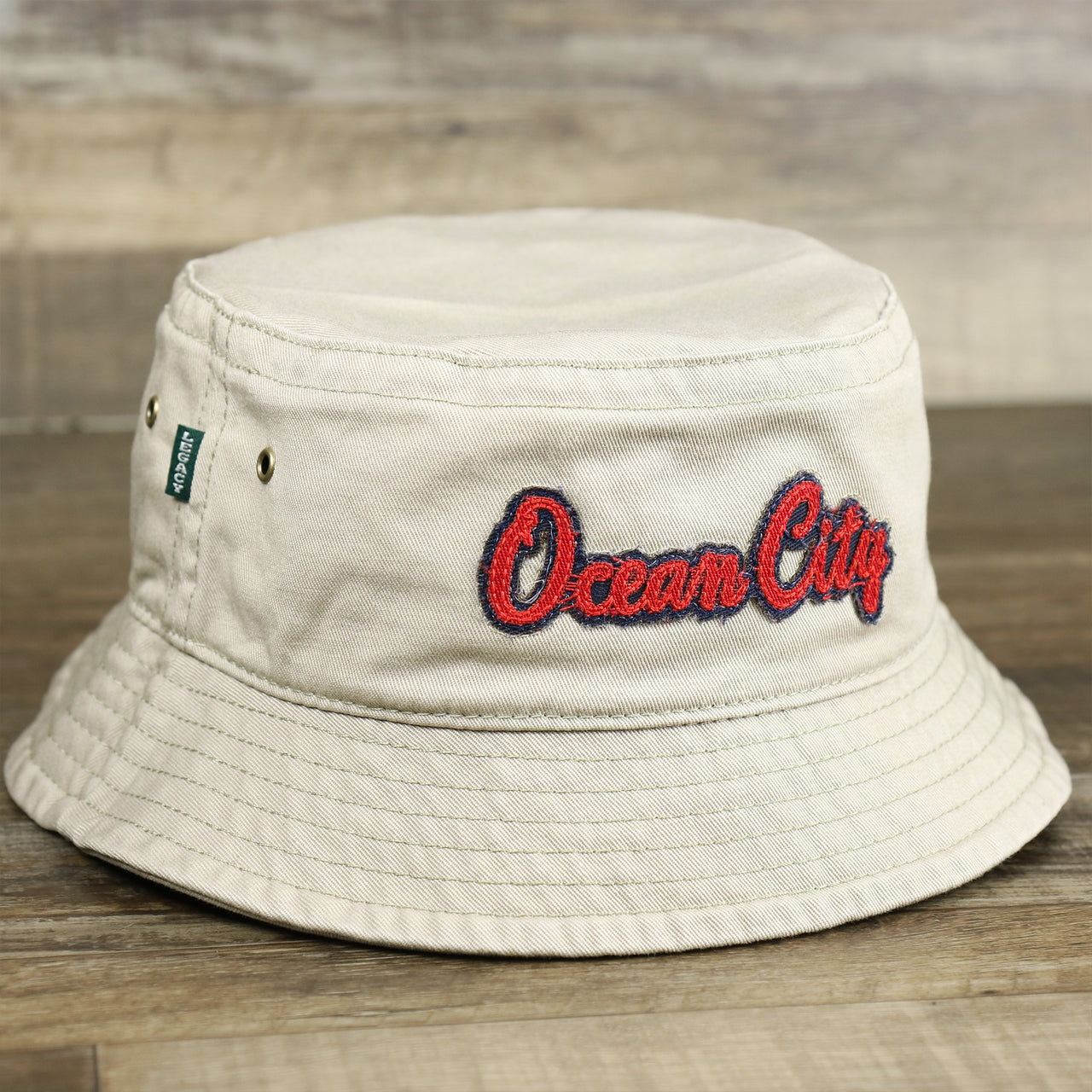 The Red OCNJ Double Wordmark Navy Blue Outline Bucket Hat | Khaki Bucket Hat