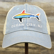 The front of the Ocean City Horizon Shark Vintage Mesh Back Worn Colorway Trucker Hat | Light Blue Trucker Hat
