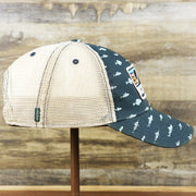 The wearer's right on the Ocean City Sunset Patch Fish Print Khaki Mesh Back Trucker Hat | Navy Blue Trucker Hat