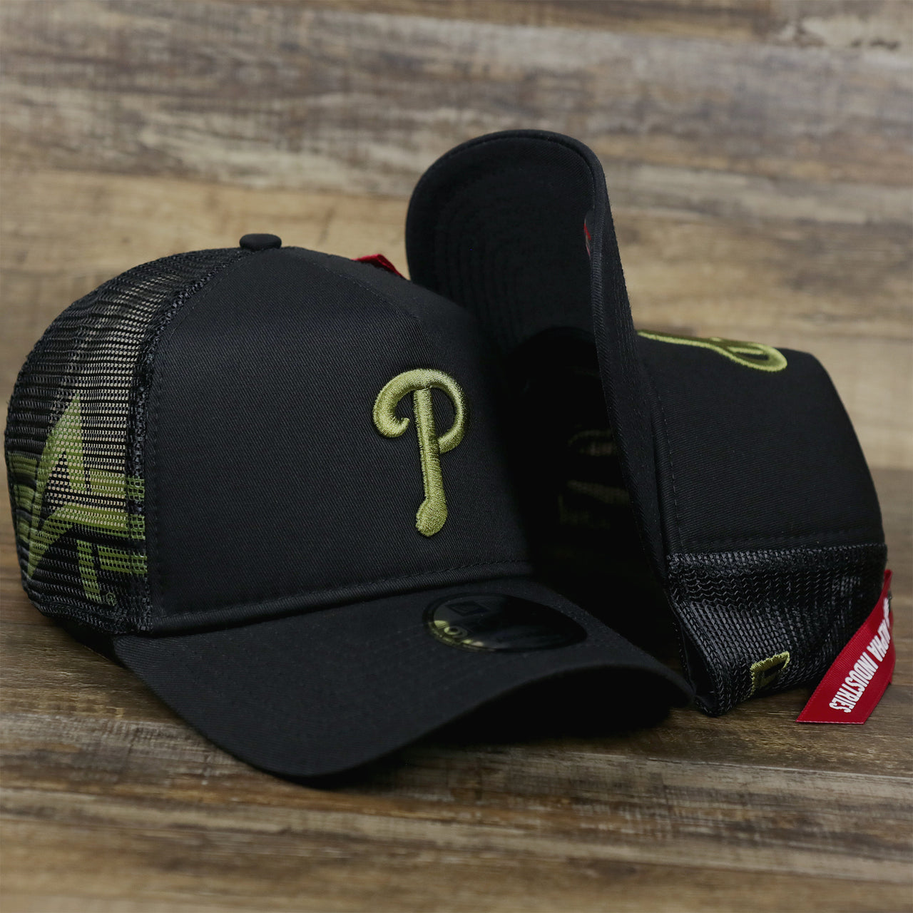 The Philadelphia Phillies Alpha Industries Flying A Mesh Print 9Forty Trucker Hat With Flight Tag | Black Trucker Hat