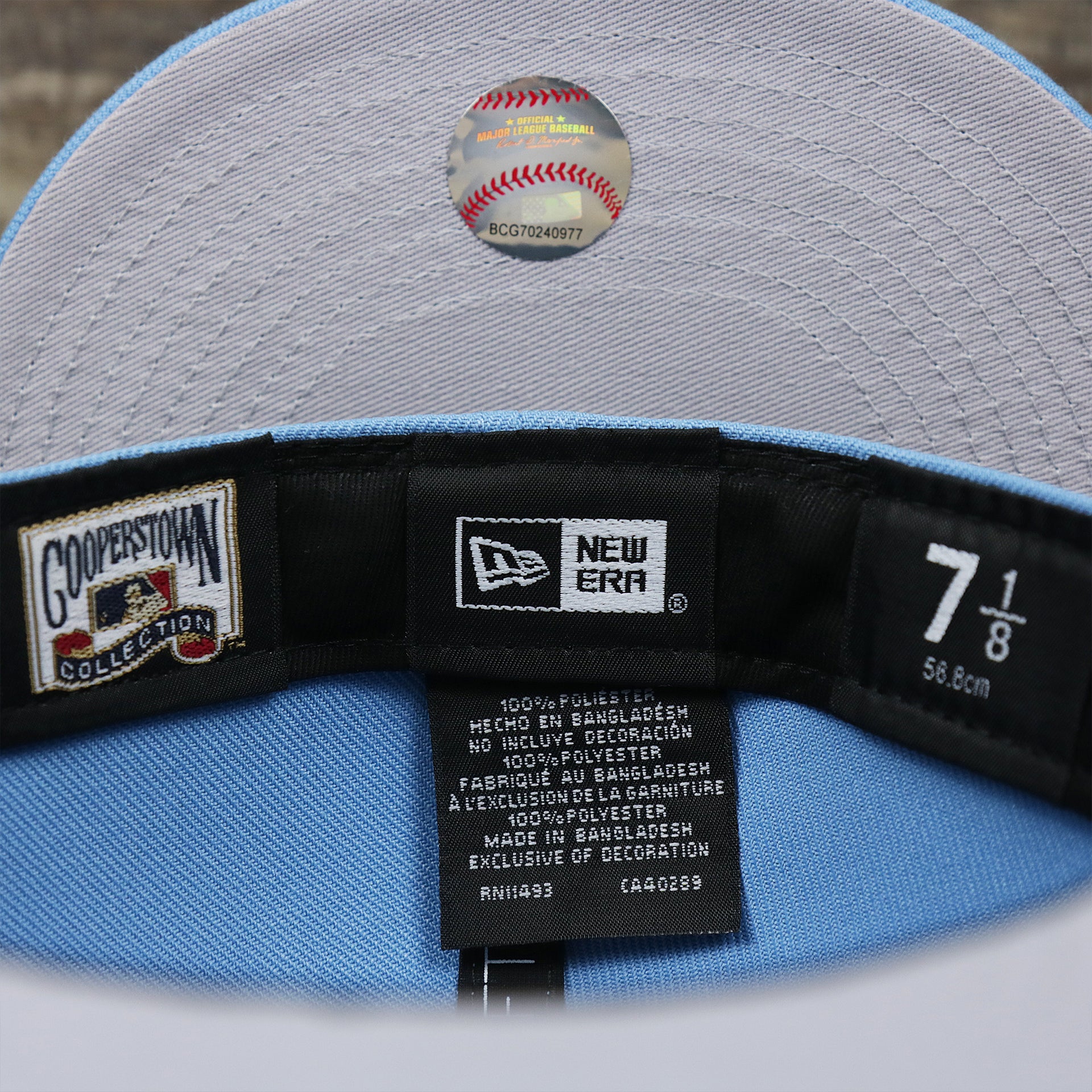 The Tags on the Cooperstown Philadelphia Phillies Two Tone Tonal World Series Side Patch Fitted Cap With Gray Bottom | Columbia Blue and White Fitted Cap