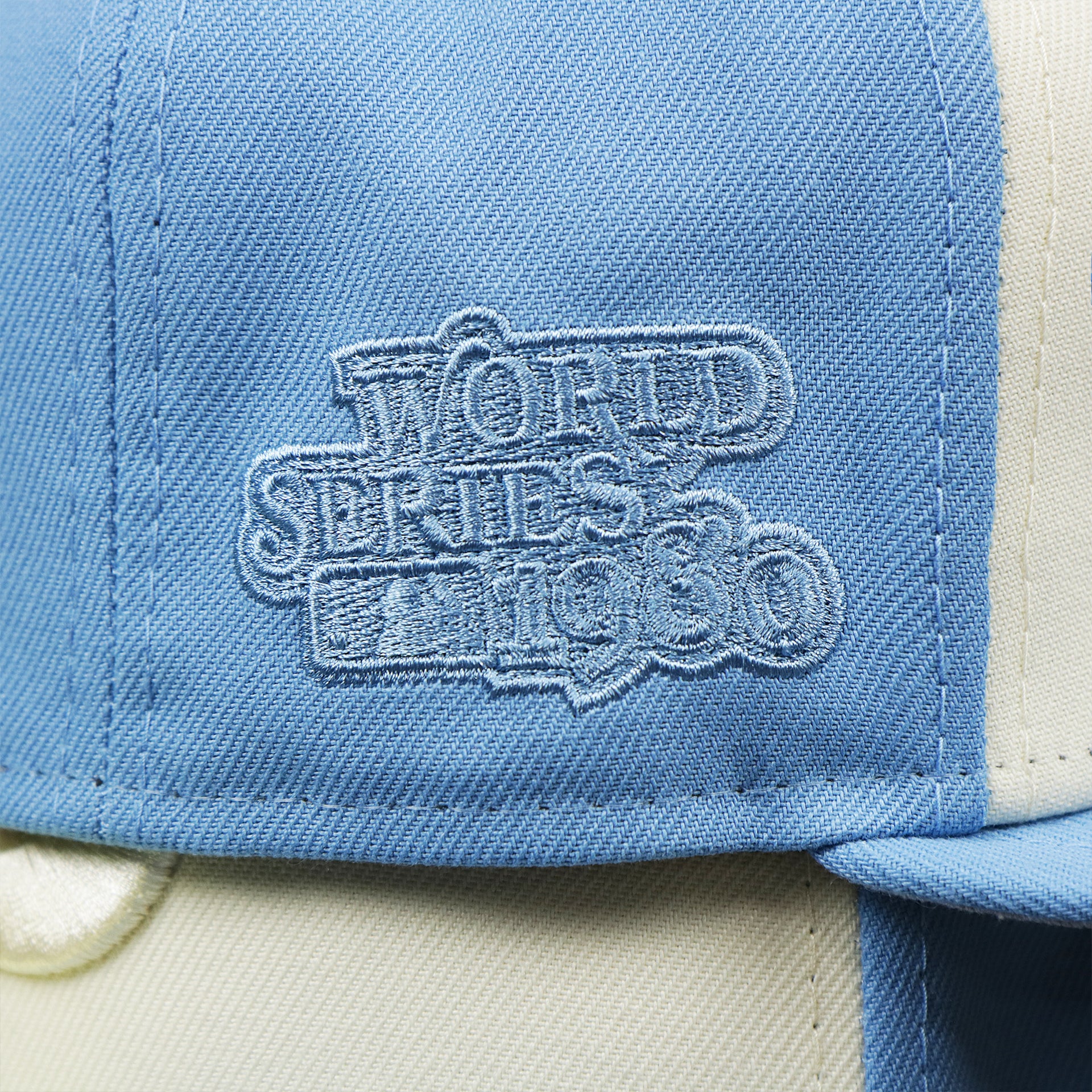 The World Series Side Patch on the Cooperstown Philadelphia Phillies Two Tone Tonal World Series Side Patch Fitted Cap With Gray Bottom | Columbia Blue and White Fitted Cap