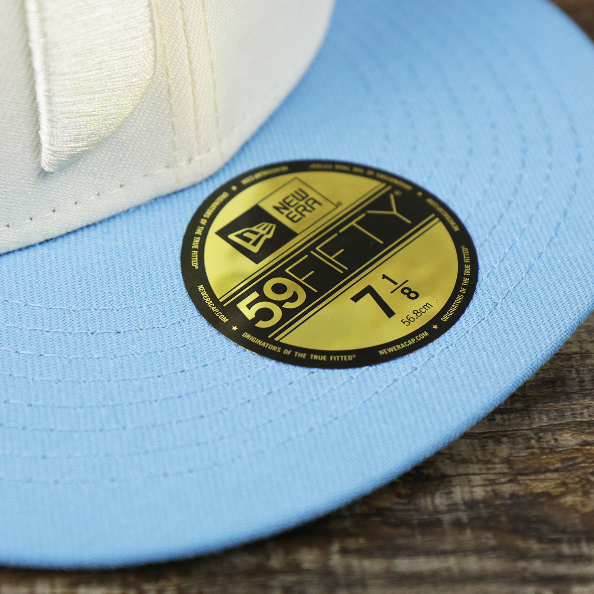 The 59Fifty Sticker on the Cooperstown Philadelphia Phillies Two Tone Tonal World Series Side Patch Fitted Cap With Gray Bottom | Columbia Blue and White Fitted Cap