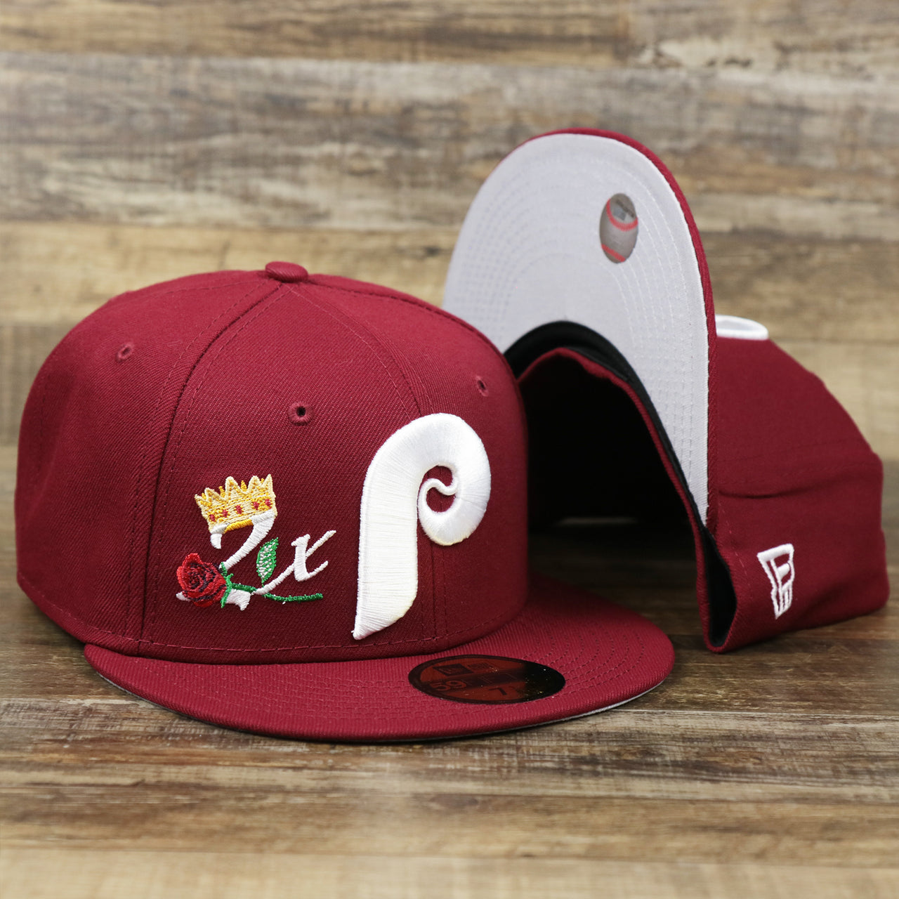 The Cooperstown Philadelphia Phillies Crown Champions Gray Bottom World Championship Wins Embroidered Fitted Cap | Maroon 59Fifty Cap