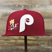 The front of the Cooperstown Philadelphia Phillies Crown Champions Gray Bottom World Championship Wins Embroidered Fitted Cap | Maroon 59Fifty Cap