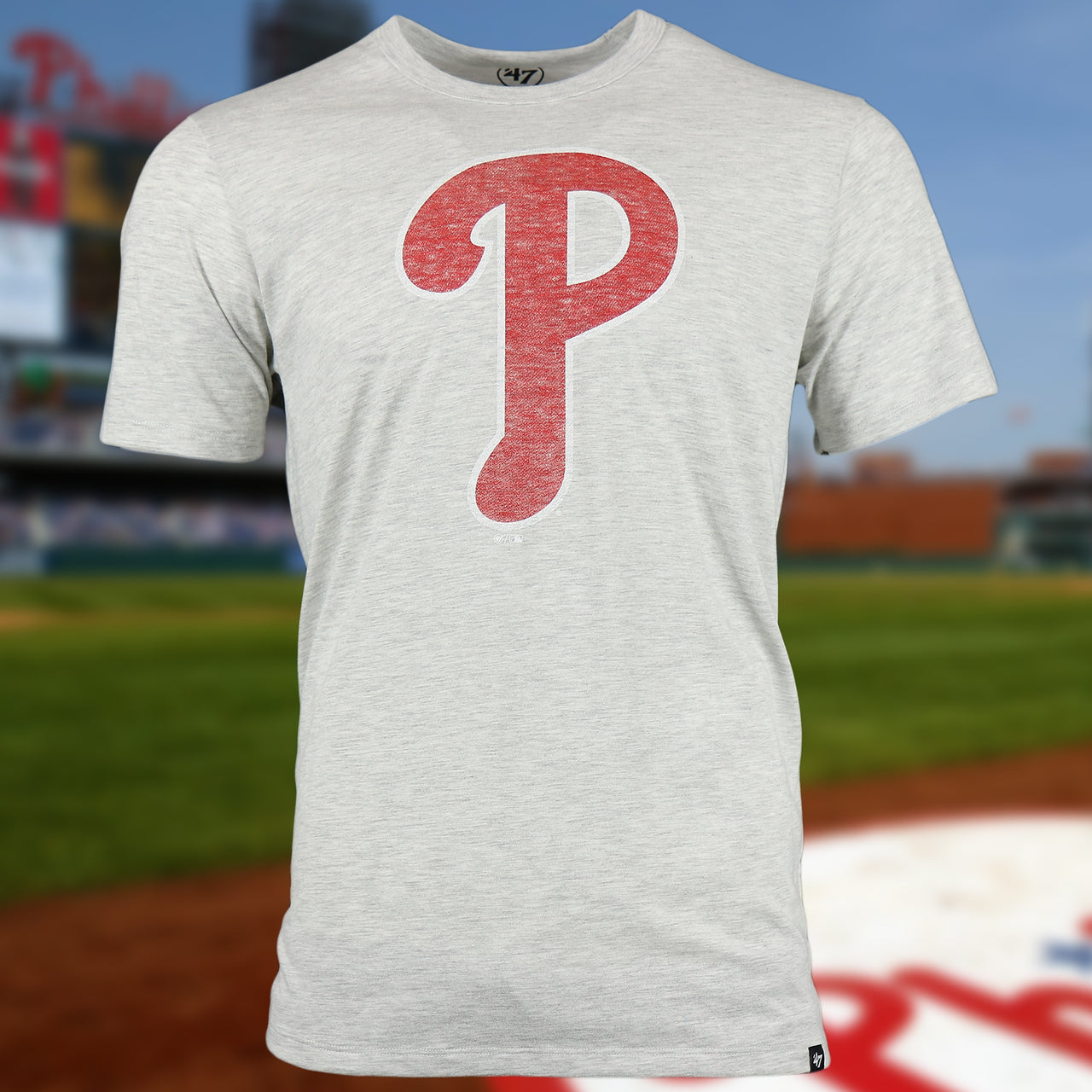 Front of Philadelphia Phillies Distressed Current Logo Relay Grey Premium Franklin T-Shirt