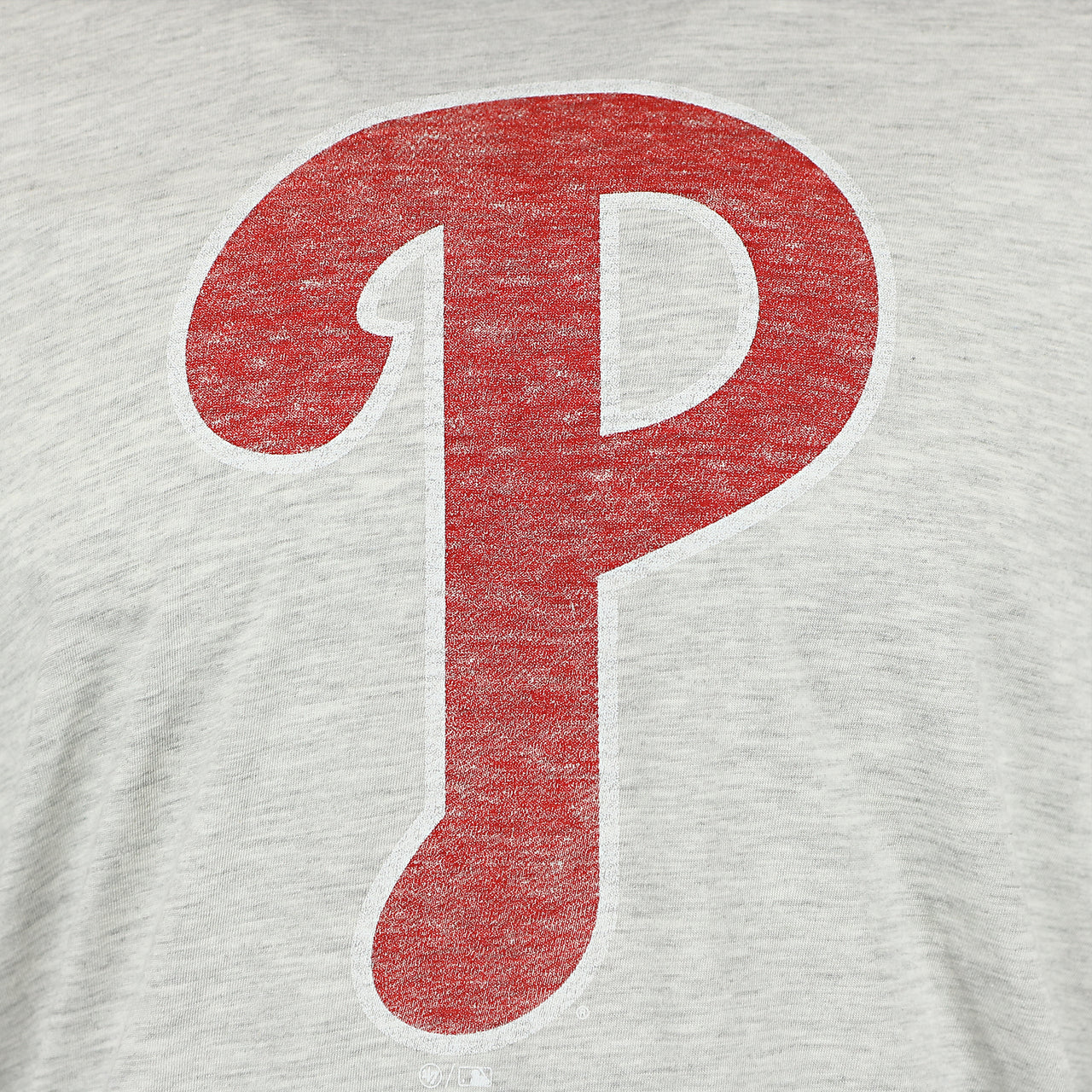 Close up of distressed Phillies logo on the Philadelphia Phillies Distressed Current Logo Relay Grey Premium Franklin T-Shirt
