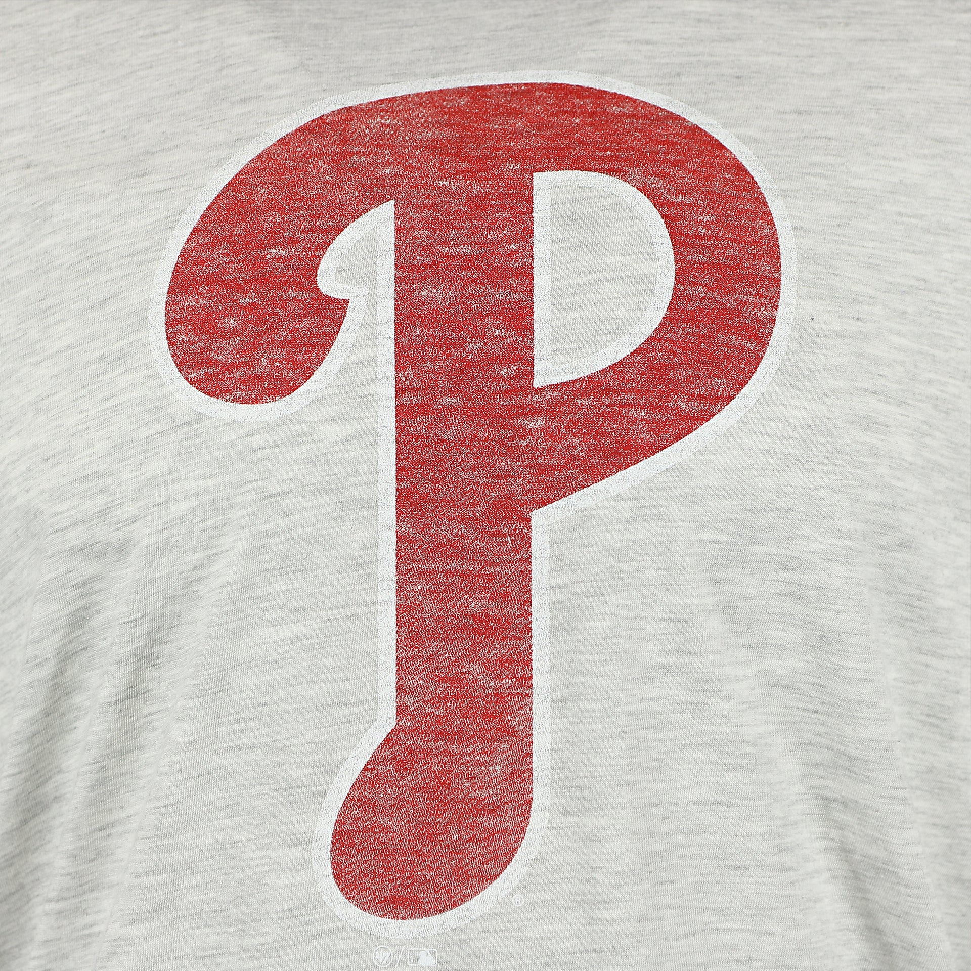 Close up of distressed Phillies logo on the Philadelphia Phillies Distressed Current Logo Relay Grey Premium Franklin T-Shirt