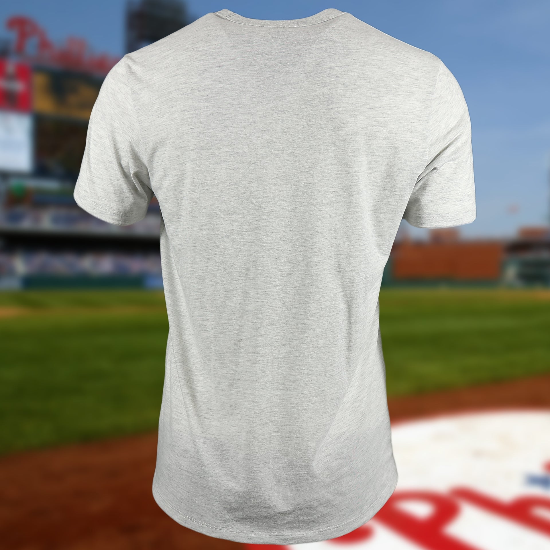 Back of the Philadelphia Phillies Distressed Current Logo Relay Grey Premium Franklin T-Shirt
