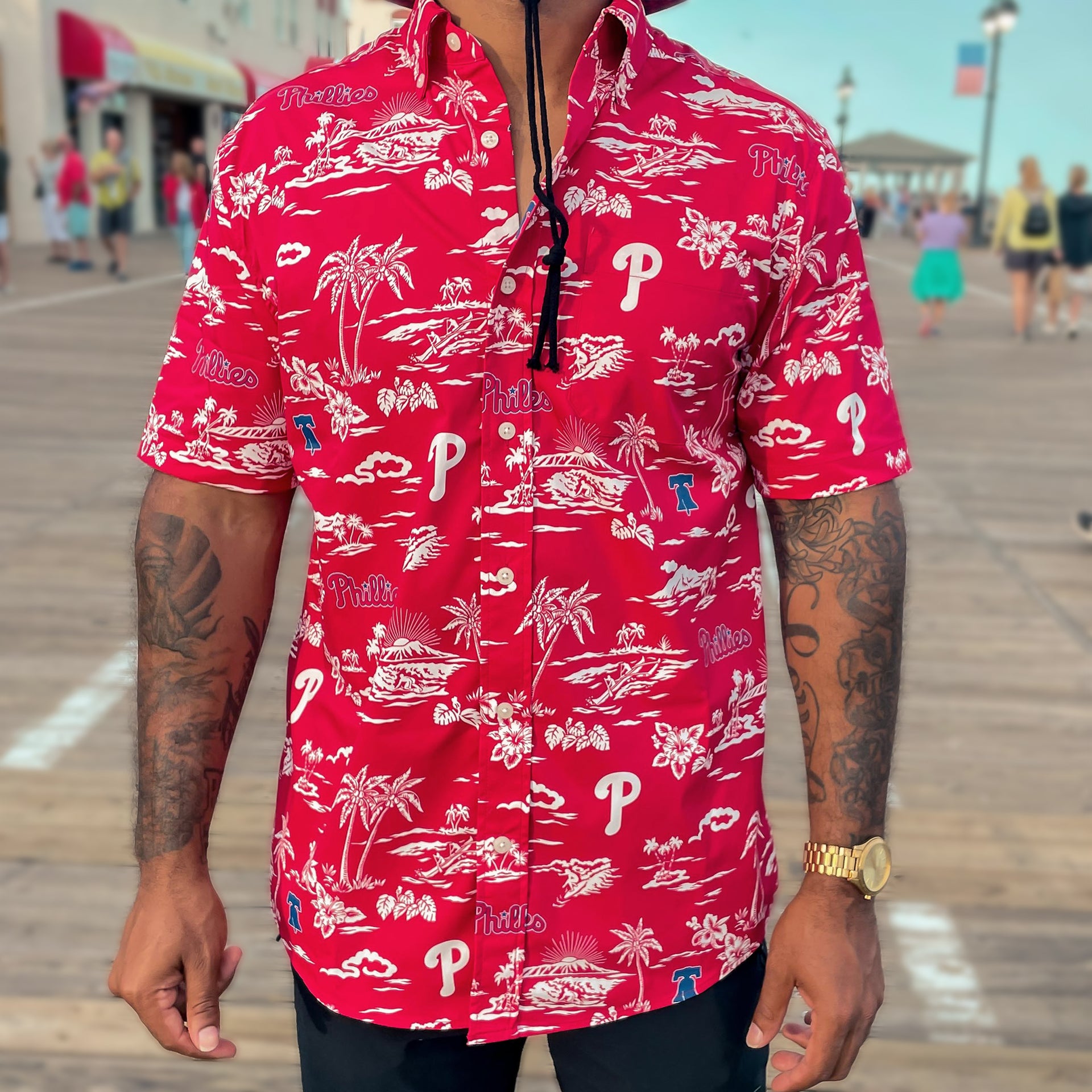 The front of the Philadelphia Phillies Authentic Hawaiian Print Performance Polo Shirt | Red