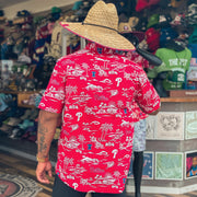 The backside of the Philadelphia Phillies Authentic Hawaiian Print Performance Polo Shirt | Red with matching Phillies Straw Hat
