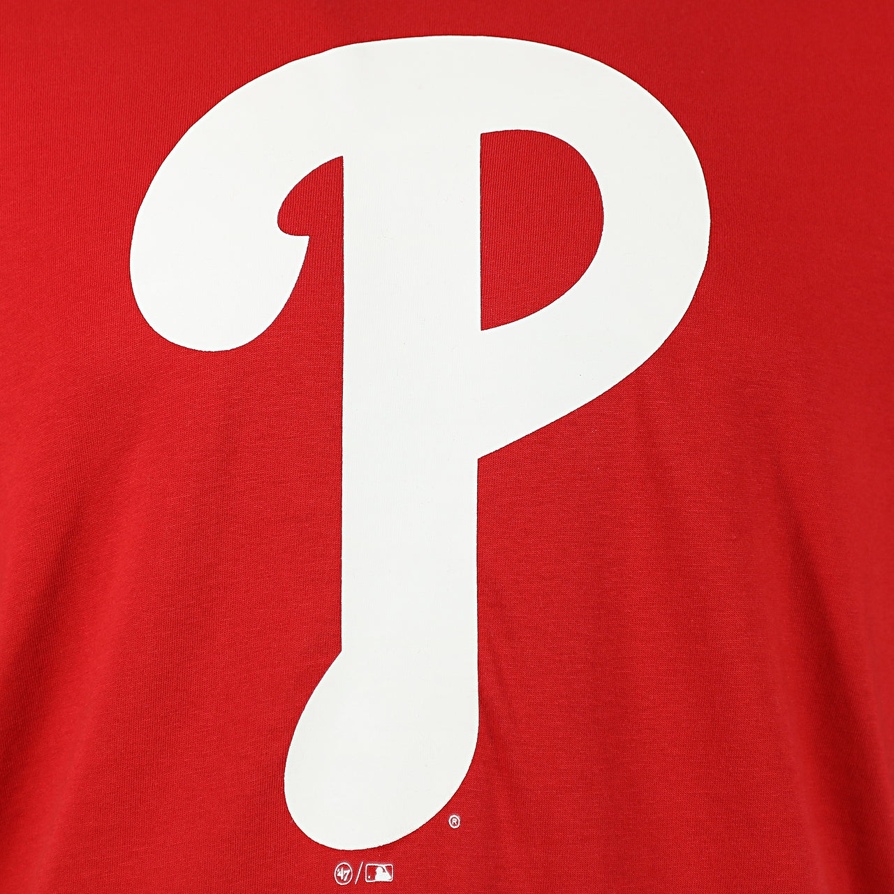 Close up of the Phillies logo on the Philadelphia Phillies Classic Current White Logo Imprint Super Rival Red T-Shirt