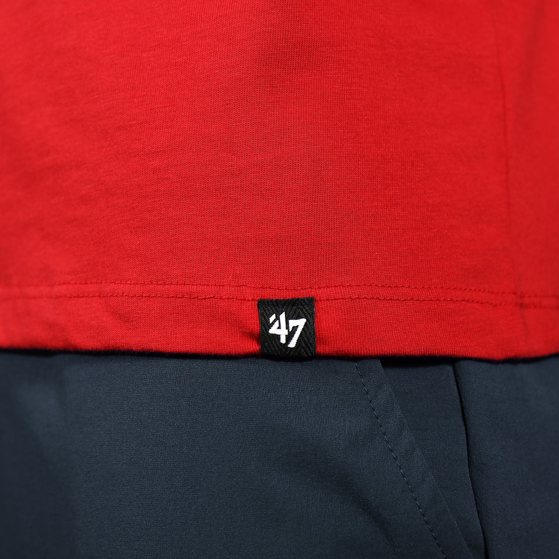 Close up of the 47 label on the Philadelphia Phillies Classic Current White Logo Imprint Super Rival Red T-Shirt