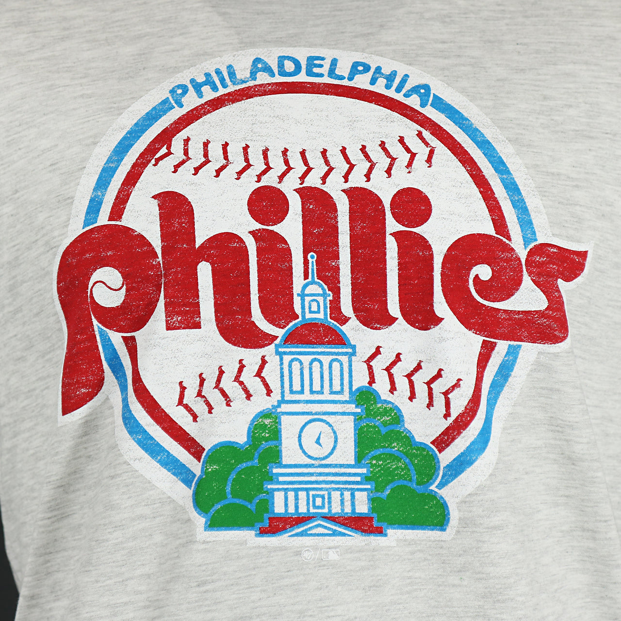 phillies independence day hall logo on the Philadelphia Phillies Distressed Cooperstown Independence Hall Logo Relay Grey Premium Franklin T-Shirt