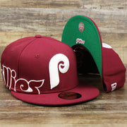 The Cooperstown Philadelphia Phillies Wordmark Side Split Vintage Green Bottom With Phillies Embroidered Undervisor Fitted Cap | Maroon Blue 59Fifty Cap