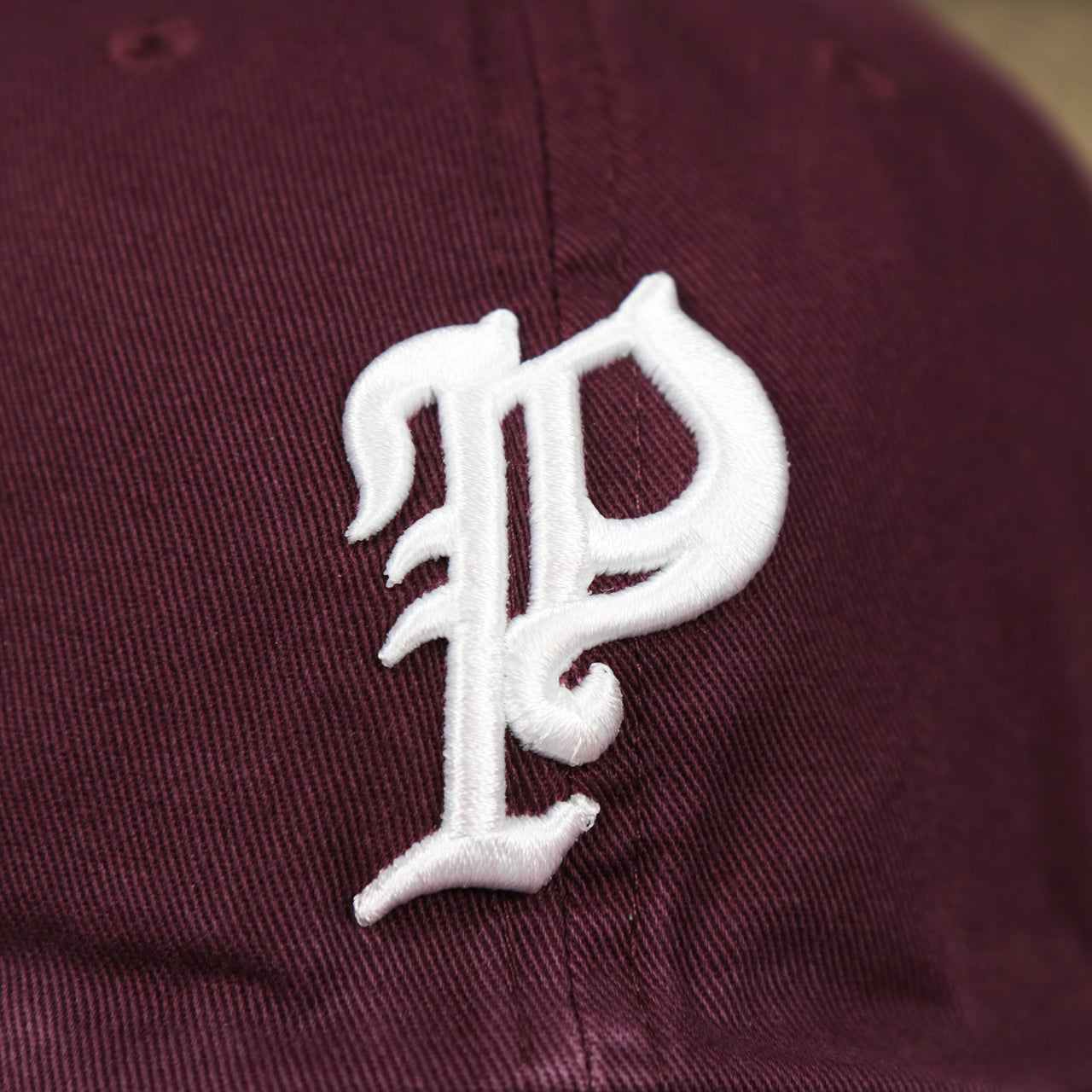 The Phillies Logo on the Cooperstown Philadelphia Phillies Vintage 1910s Phillies Logo Dad Hat | Dark Maroon Dad Hat