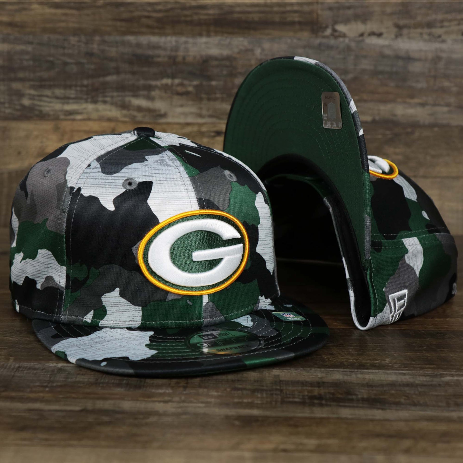 The Green Bay Packers NFL OnField Summer Training 2022 Camo 9Fifty Snapback | Green Camo 9Fifty