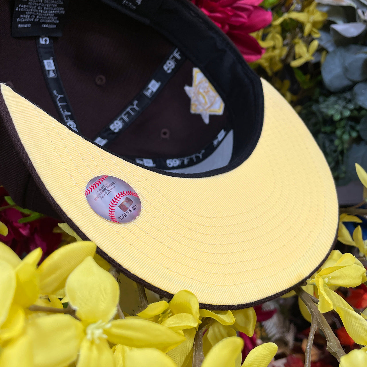 Yellow under visor of the San Diego Padres Side Patch Bloom Walnut 59Fifty Fitted Cap | Padres Floral 5950 Fitted