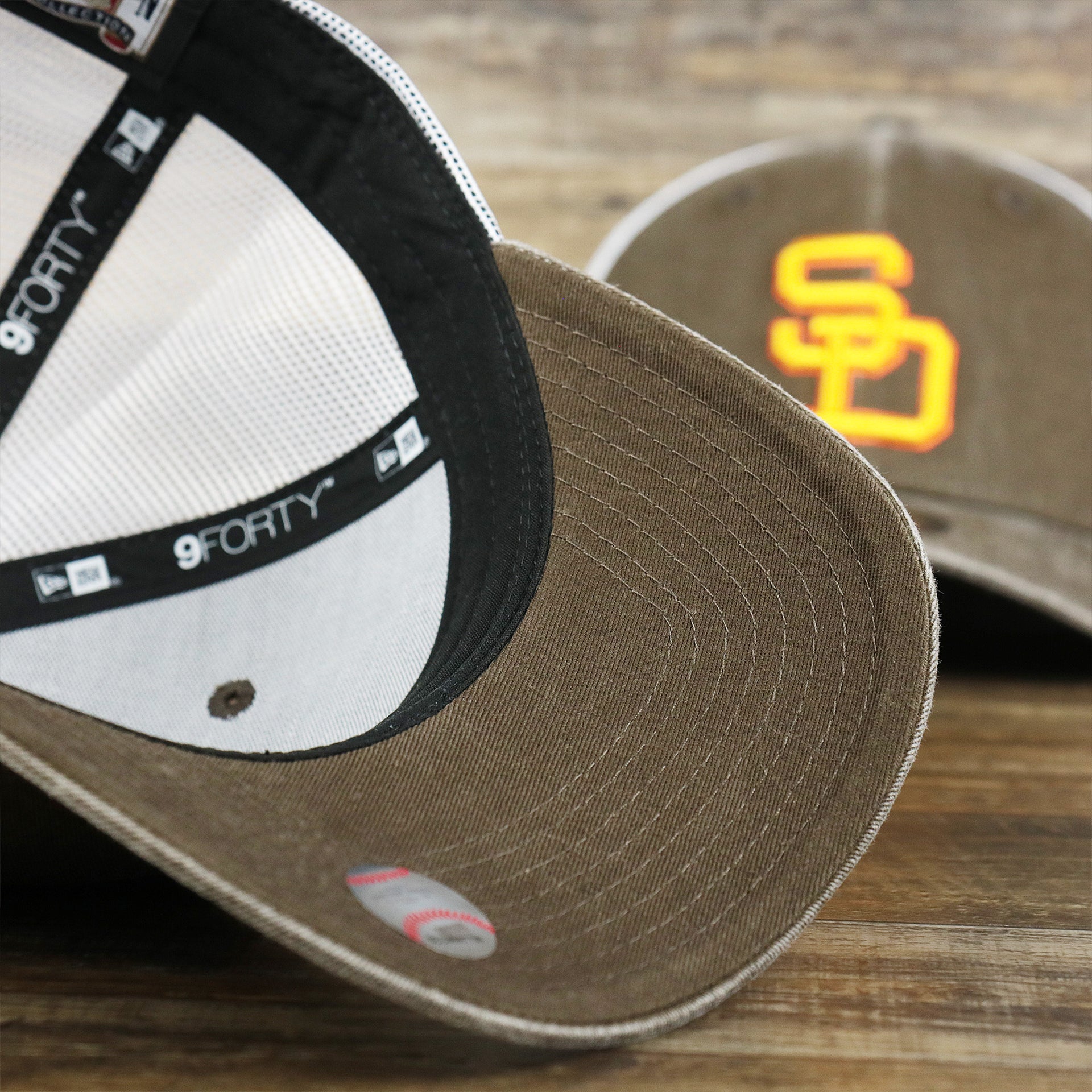 The undervisor on the Cooperstown San Diego Padres 1980s Logo Worn Colorway Mesh Back 9Forty Dad Hat | Brown 9Forty Hat