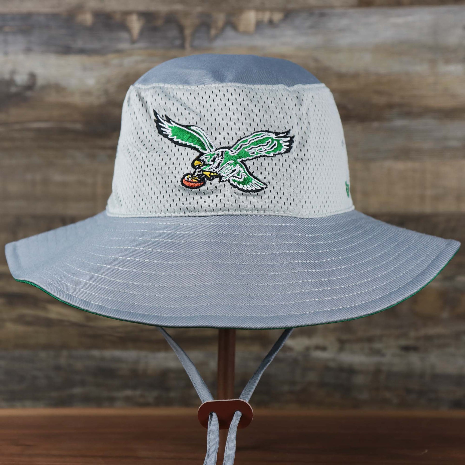 The front of the Throwback Philadelphia Eagles Panama Pail Bucket Hat | 47 Brand, Gray