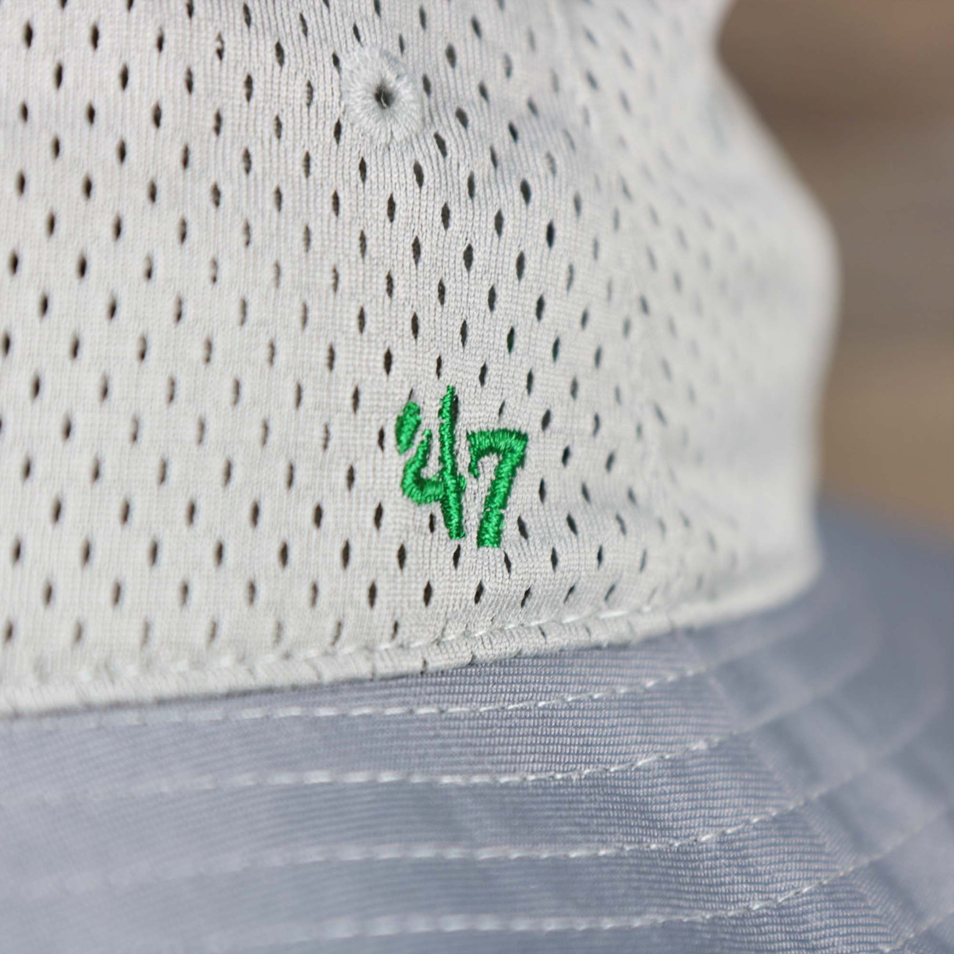 A close up of the 47 Brand logo on the Throwback Philadelphia Eagles Panama Pail Bucket Hat | 47 Brand, Gray