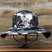 The backside of the New England Patriots NFL Summer Training Camp 2022 Camo Bucket Hat | Navy Bucket Hat