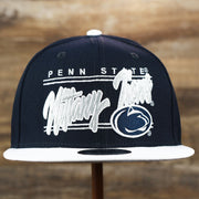 The front of the Penn State Nittany Lions Team Script Gray Bottom 9Fifty Snapback | Navy Blue And White Snap Cap