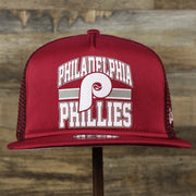 The front of the Cooperstown Philadelphia Phillies Trucker Gray Bottom 9Fifty Snapback | Red Trucker Snapback
