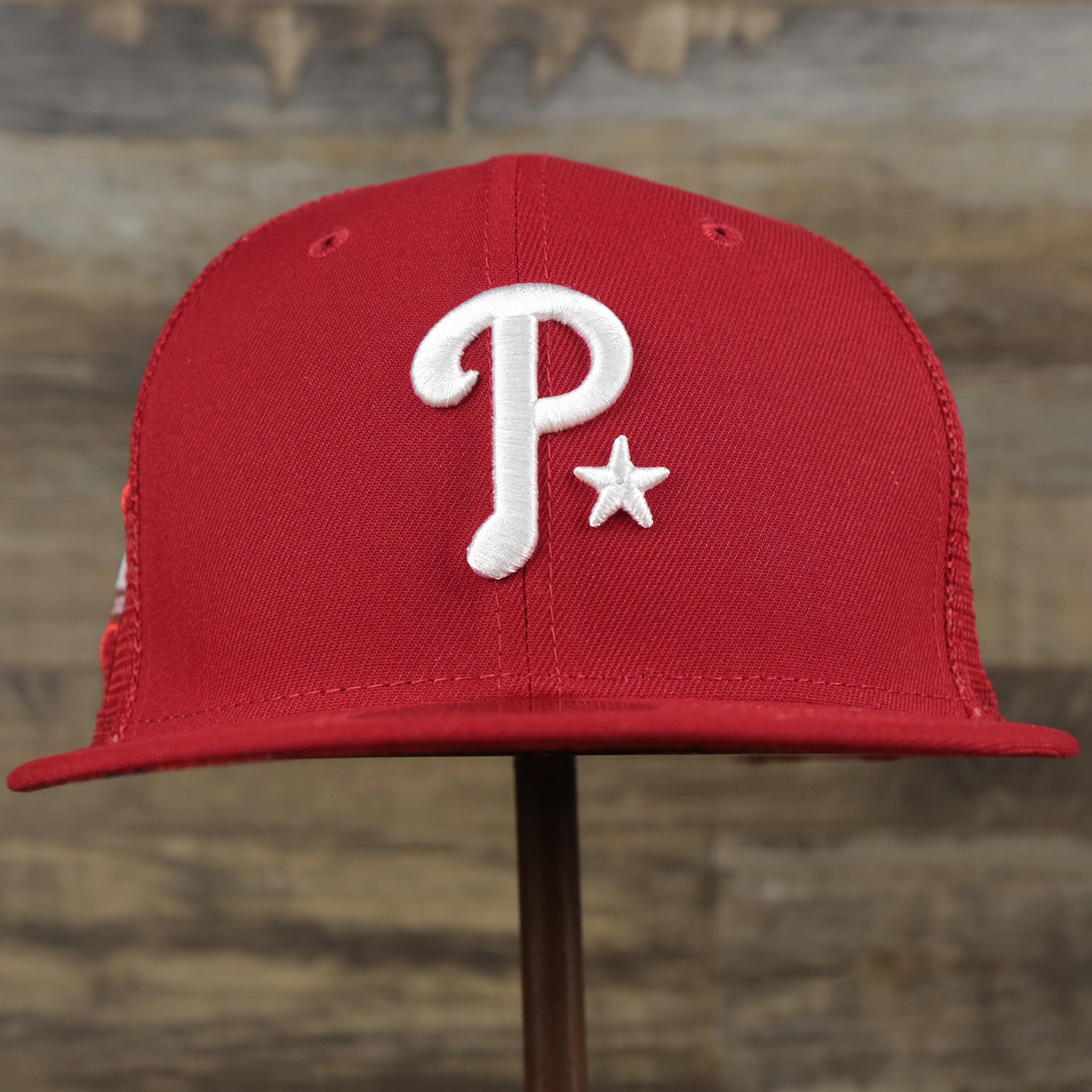 The front of the Philadelphia Phillies Metallic All Star Game MLB 2022 Side Patch 59Fifty Mesh Fitted Cap | ASG 2022 Red 59Fifty Cap