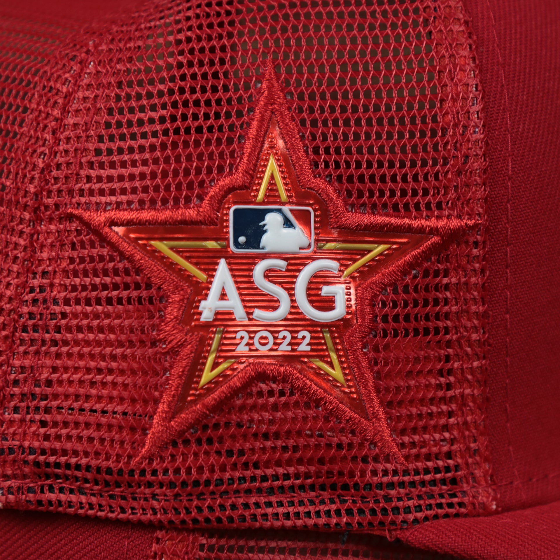 The ASG 2022 Side Patch on the Philadelphia Phillies Metallic All Star Game MLB 2022 Side Patch 59Fifty Mesh Fitted Cap | ASG 2022 Red 59Fifty Cap