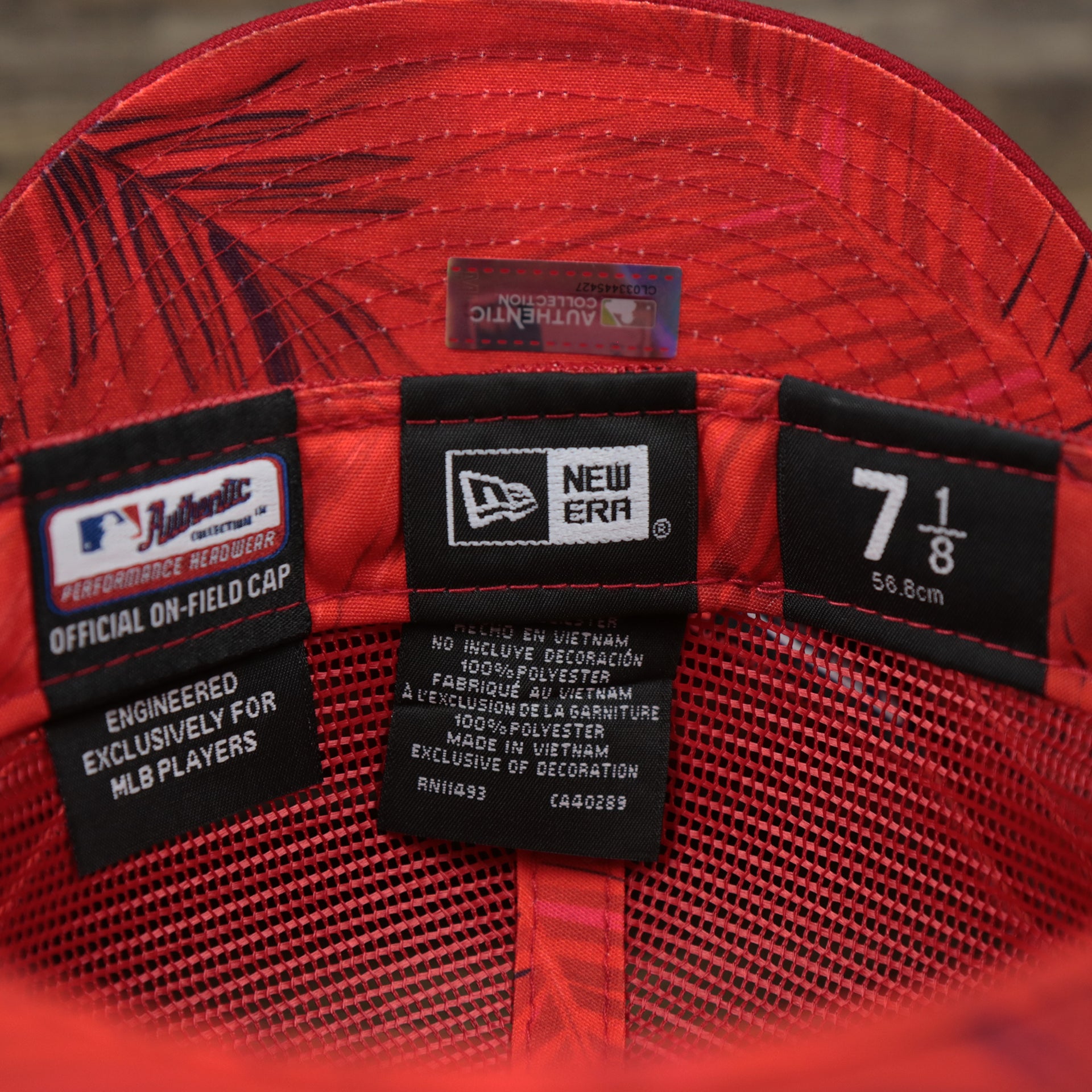 The Tags on the Philadelphia Phillies Metallic All Star Game MLB 2022 Side Patch 59Fifty Mesh Fitted Cap | ASG 2022 Red 59Fifty Cap