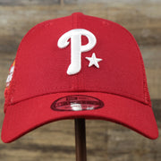 The front of the Philadelphia Phillies Metallic All Star Game MLB 2022 Side Patch 9Forty Mesh Trucker | ASG 2022 Red Trucker Hat