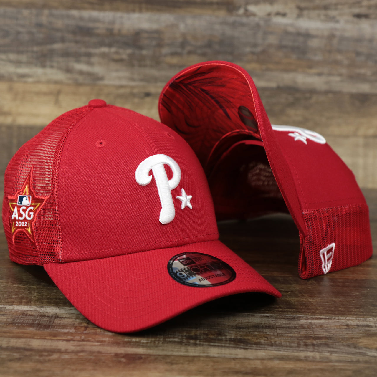 The Philadelphia Phillies Metallic All Star Game MLB 2022 Side Patch 9Forty Mesh Trucker | ASG 2022 Red Trucker Hat