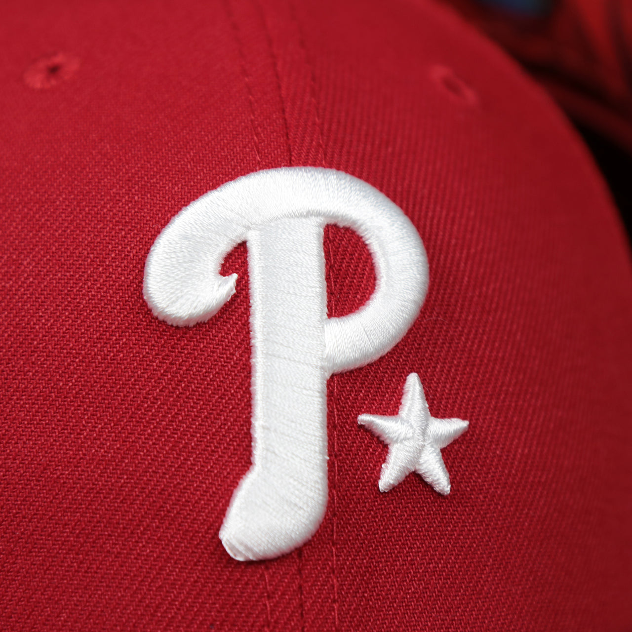 The Phillies Logo on the Philadelphia Phillies Metallic All Star Game MLB 2022 Side Patch 9Forty Mesh Trucker | ASG 2022 Red Trucker Hat