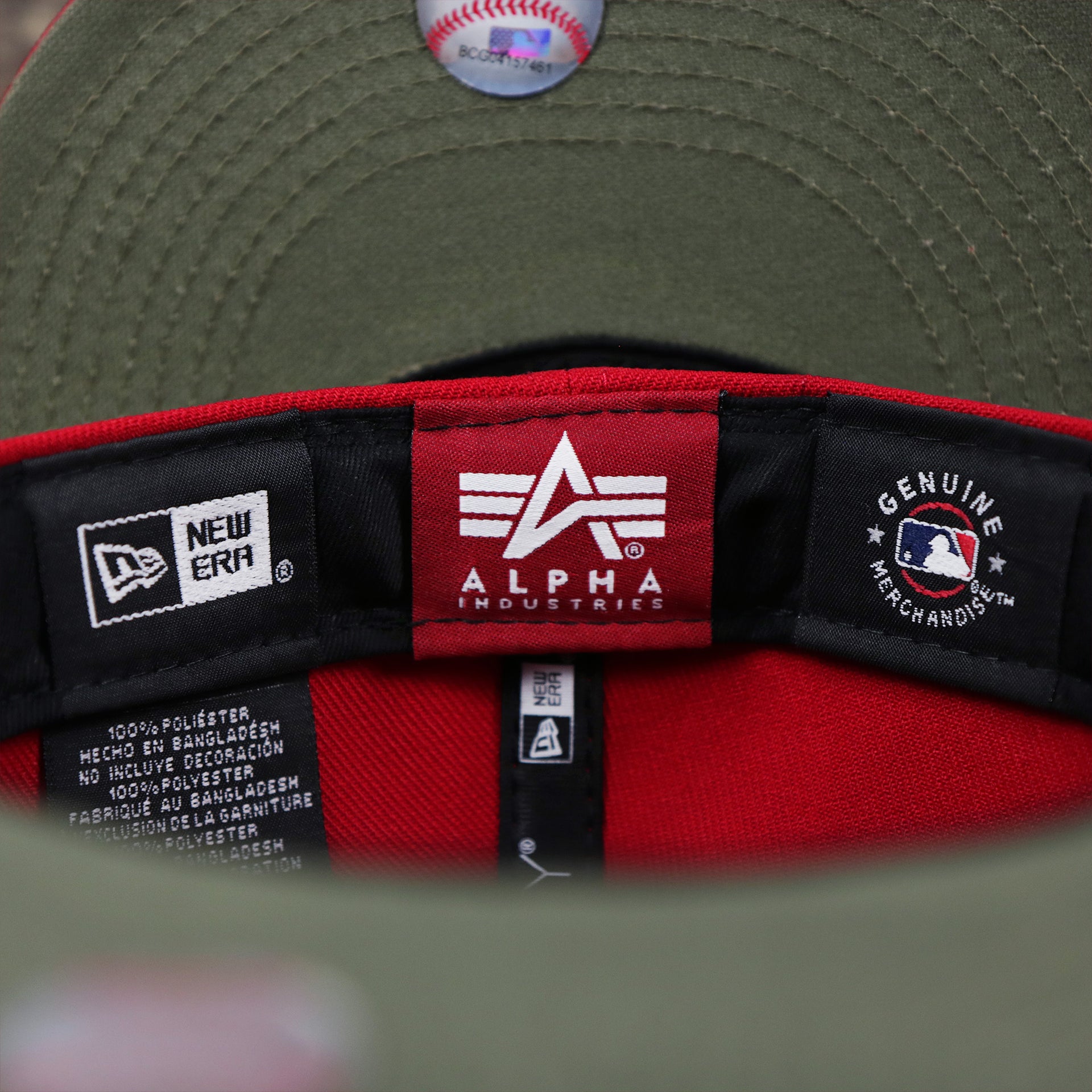 The Tags on the Philadelphia Phillies Alpha Industries Side Patch Army Green Undervisor 59FIfty Fitted Cap With Hangtag | Red 59FIfty Cap