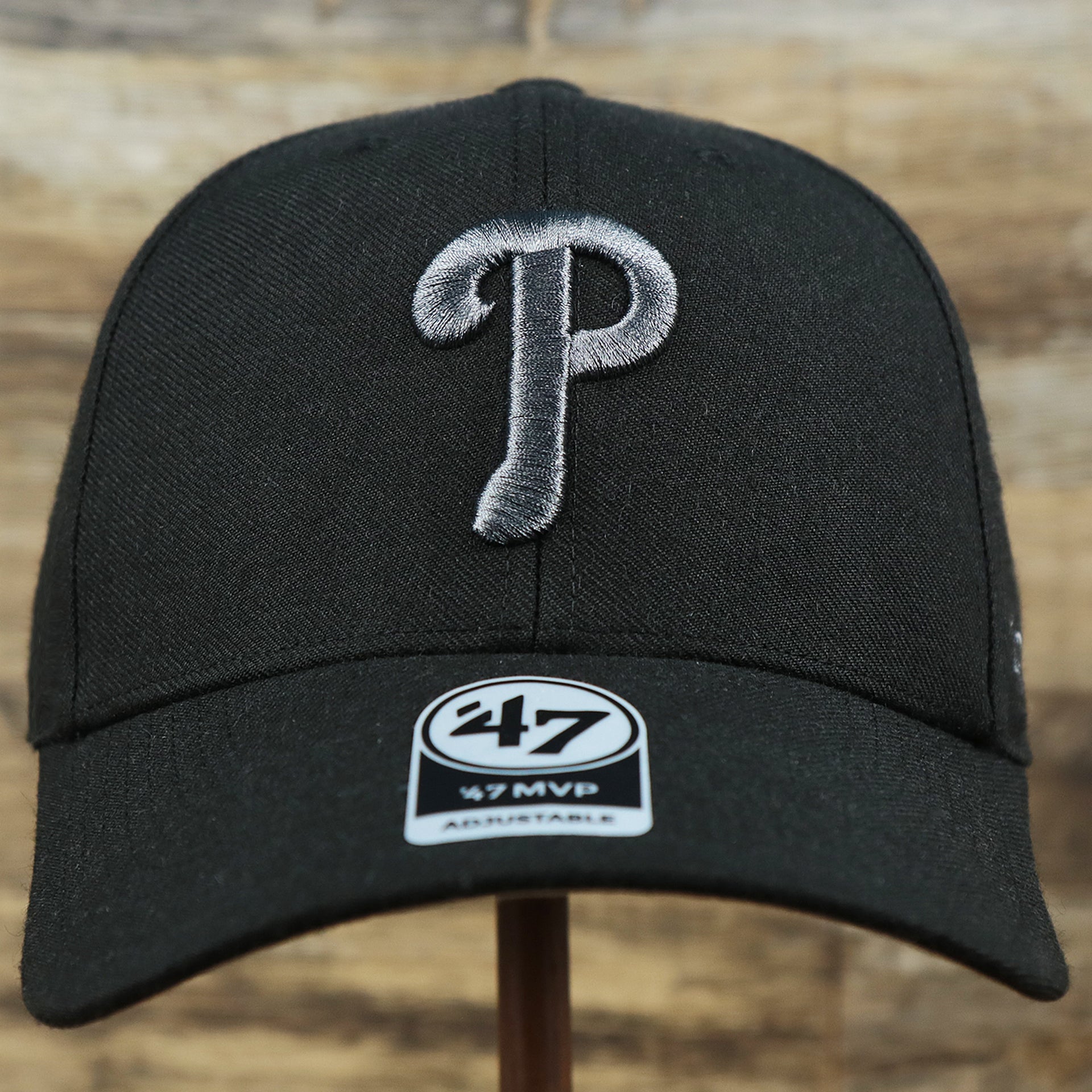 The front of the Philadelphia Phillies Gray Logo Gray Bottom Wool Dad Hat | Black Wool Dad Hat
