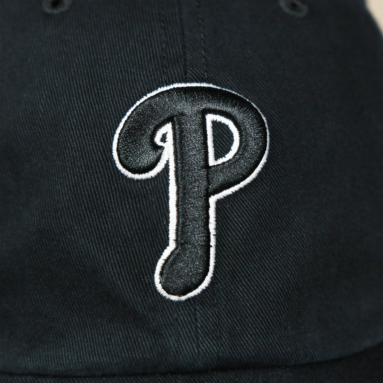The Phillies Logo on the Cooperstown Philadelphia Phillies Vintage White Logo Dad Hat | Black Dad Hat