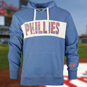 Distressed Philadelphia Phillies Wordmark Pull Over Hoodie With Phillies Logo | Cadet Blue Pullover Hoodie