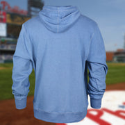 back side of the Distressed Philadelphia Phillies Wordmark Pull Over Hoodie With Phillies Logo | Cadet Blue Pullover Hoodie