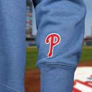 phillies logo on the Distressed Philadelphia Phillies Wordmark Pull Over Hoodie With Phillies Logo | Cadet Blue Pullover Hoodie