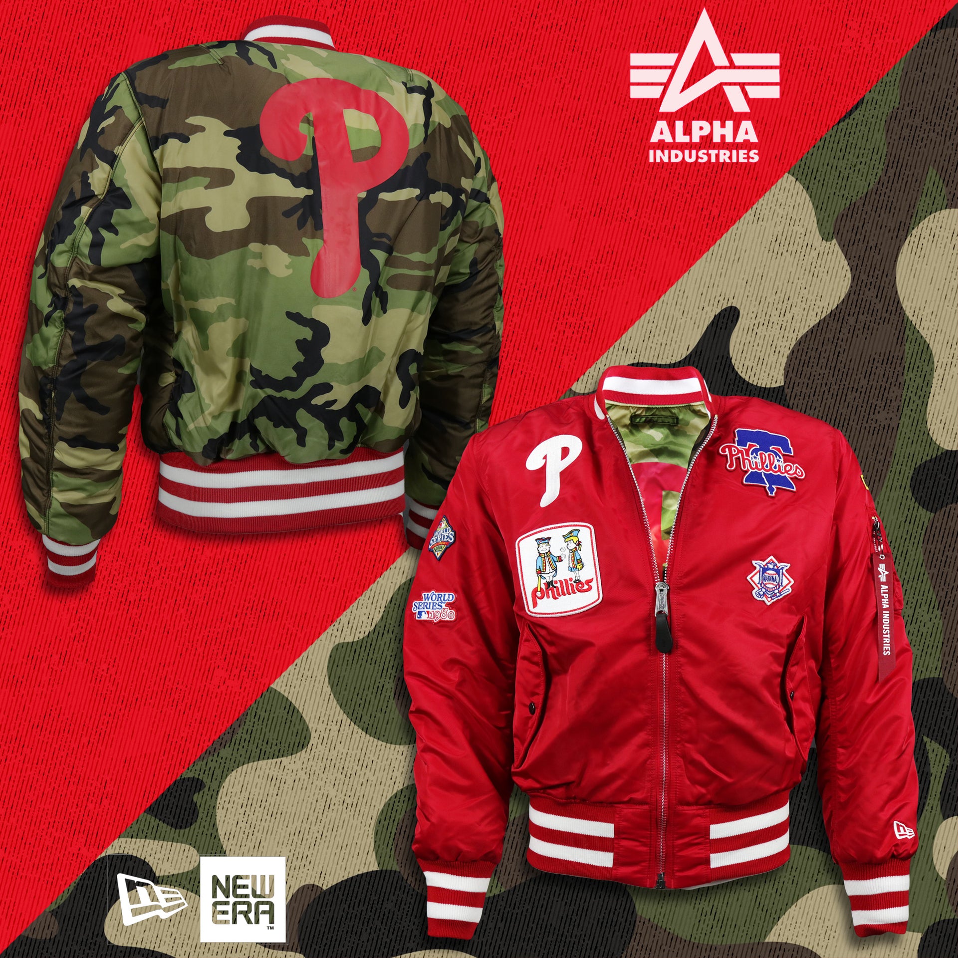 The Philadelphia Phillies MLB Patch Alpha Industries Reversible Bomber Jacket With Camo Liner | Red Bomber Jacket