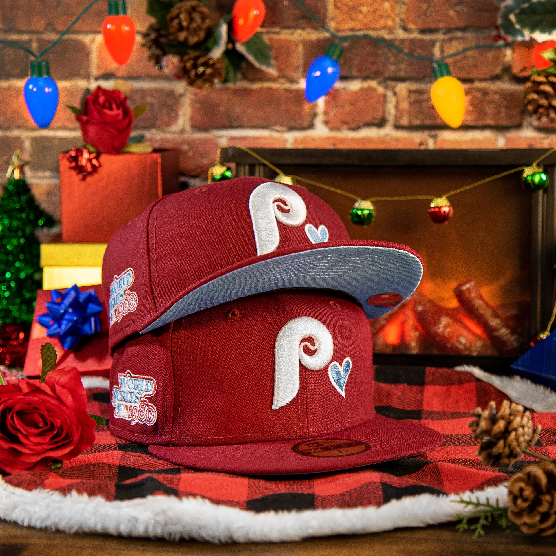 Philadelphia Phillies Heart Patch 1980 World Series Icy Blue Bottom Brim Fitted | Phillies Maroon Icy Blue Underbrim Side Patch 59Fifty Hat