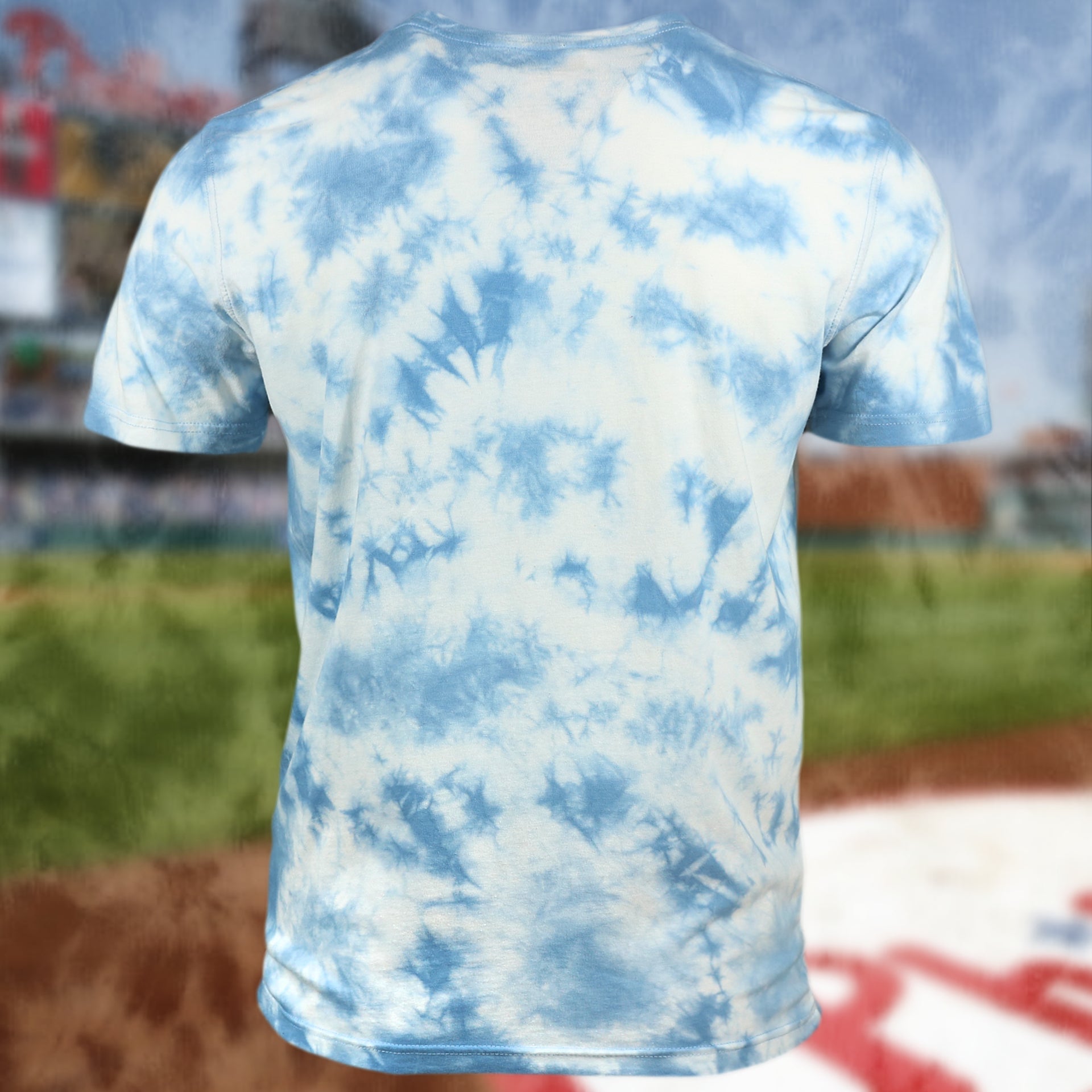 back side of the Philadelphia Phillies Vintage Phillies Wordmark Tie-Dye MLB T-Shirt | Columbia Blue Tie-Dye T-shirt