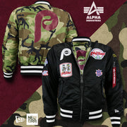 The Cooperstown Philadelphia Phillies MLB Patch Alpha Industries Reversible Bomber Jacket With Camo Liner | Black Bomber Jacket