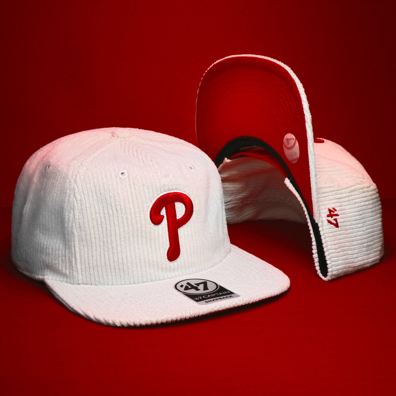The Philadelphia Phillies Corduroy Snapback Hat | White Corduroy Snap Cap with a background