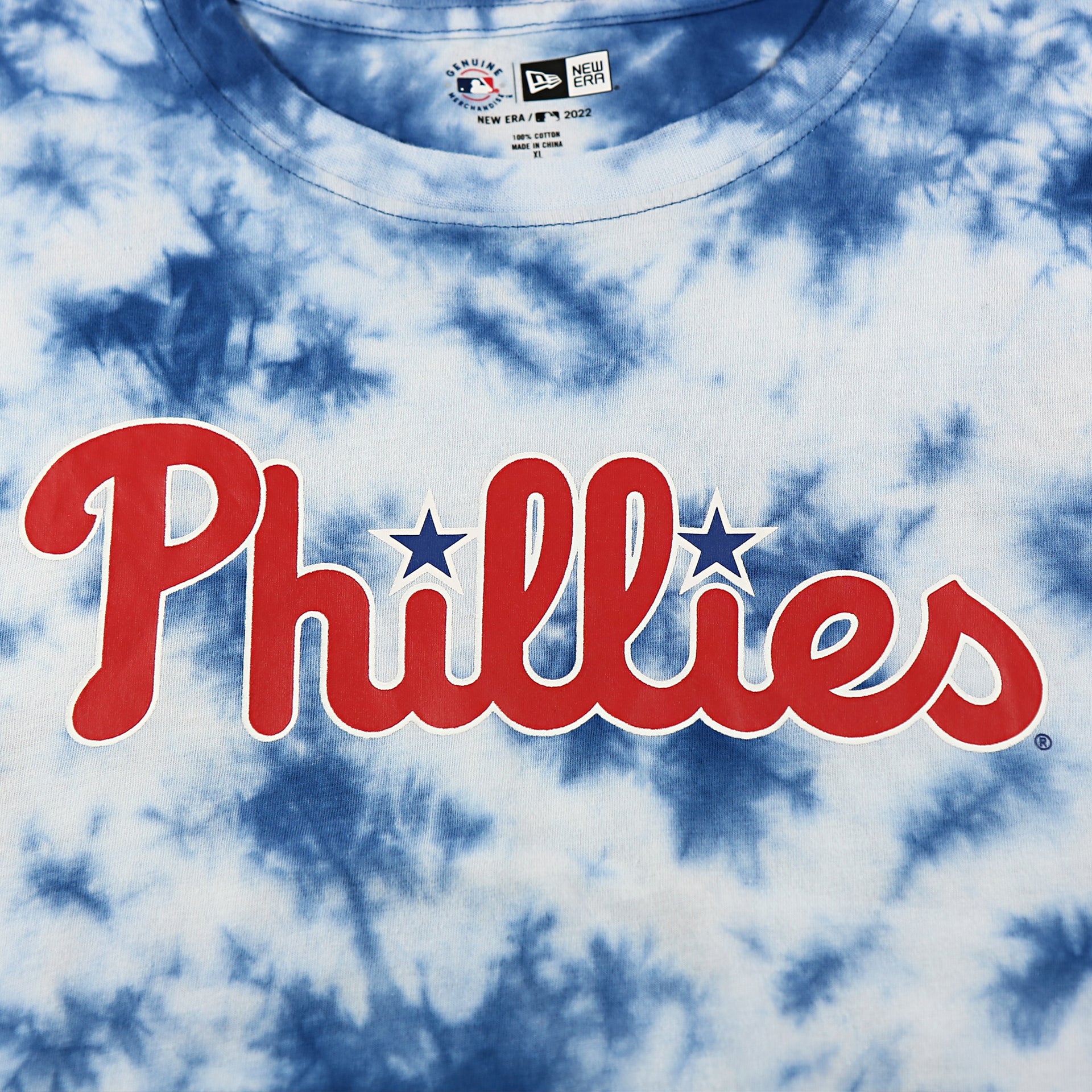 phillies wordmark on the Philadelphia Phillies Current Phillies Wordmark Tie-Dye MLB T-Shirt | Columbia Blue Tie-Dye Tshirt