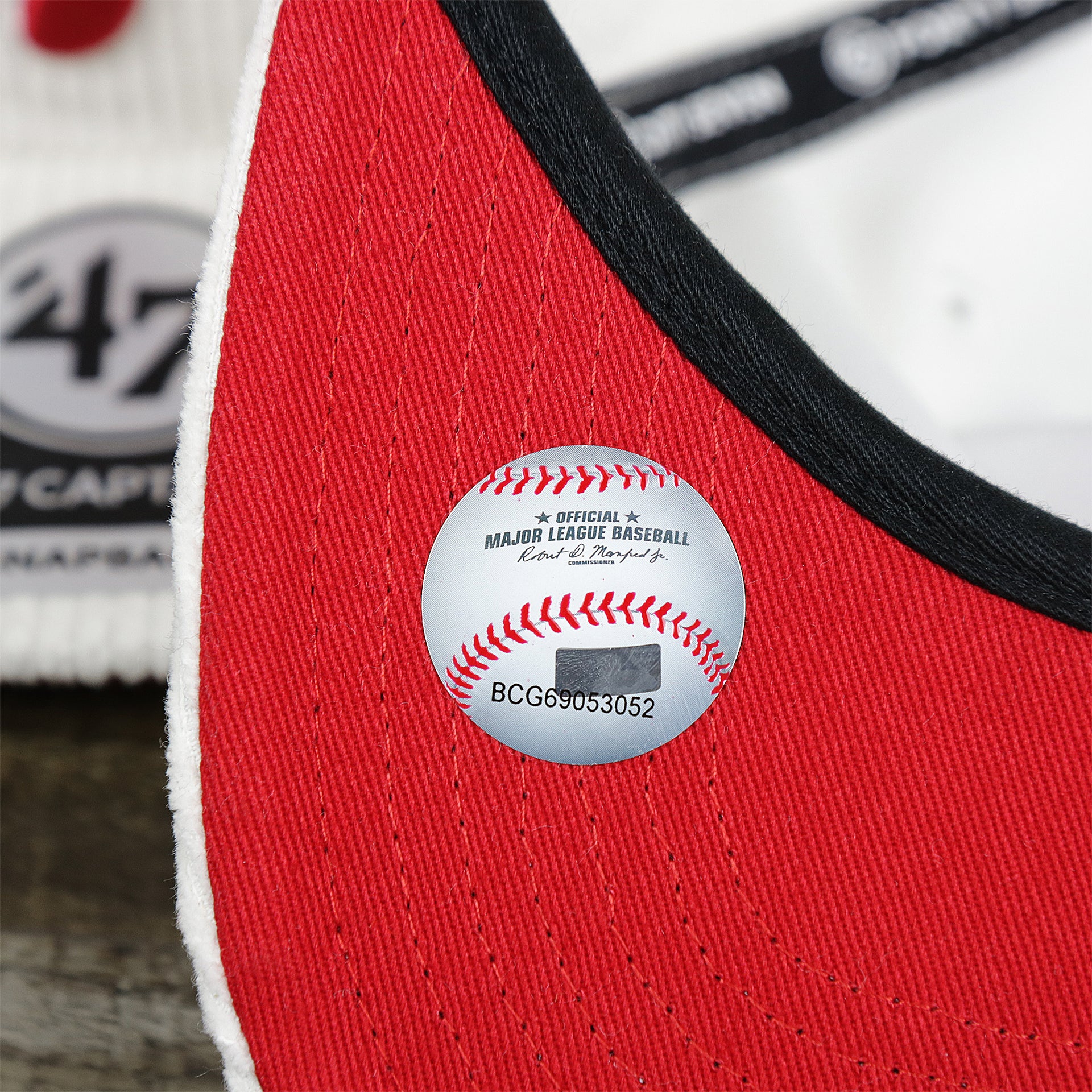The MLB Baseball Sticker on the Philadelphia Phillies Corduroy Snapback Hat | White Corduroy Snap Cap