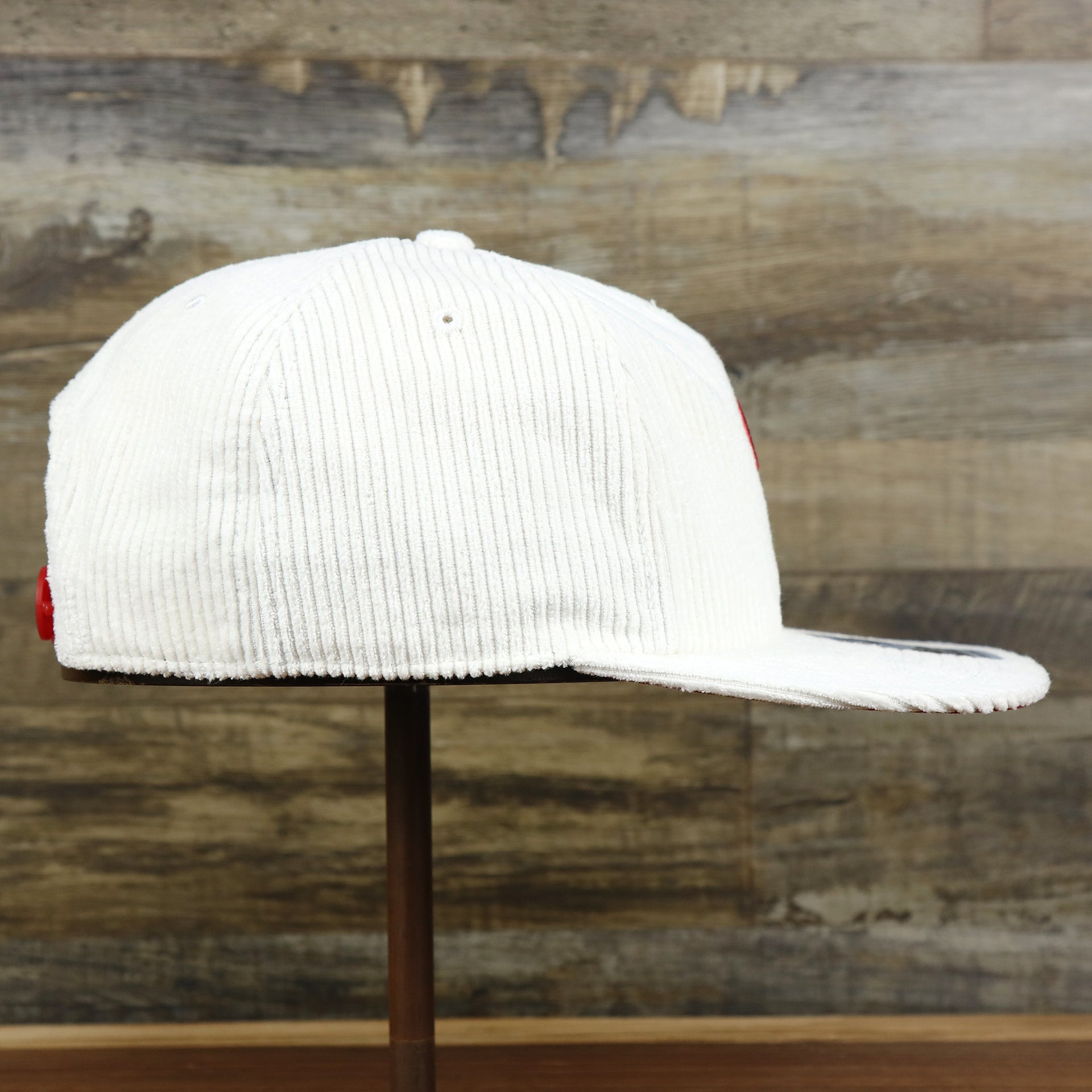 The wearer's right on the Philadelphia Phillies Corduroy Snapback Hat | White Corduroy Snap Cap