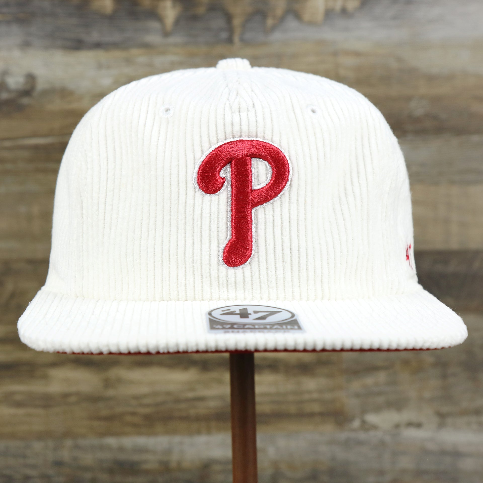 The front of the Philadelphia Phillies Corduroy Snapback Hat | White Corduroy Snap Cap