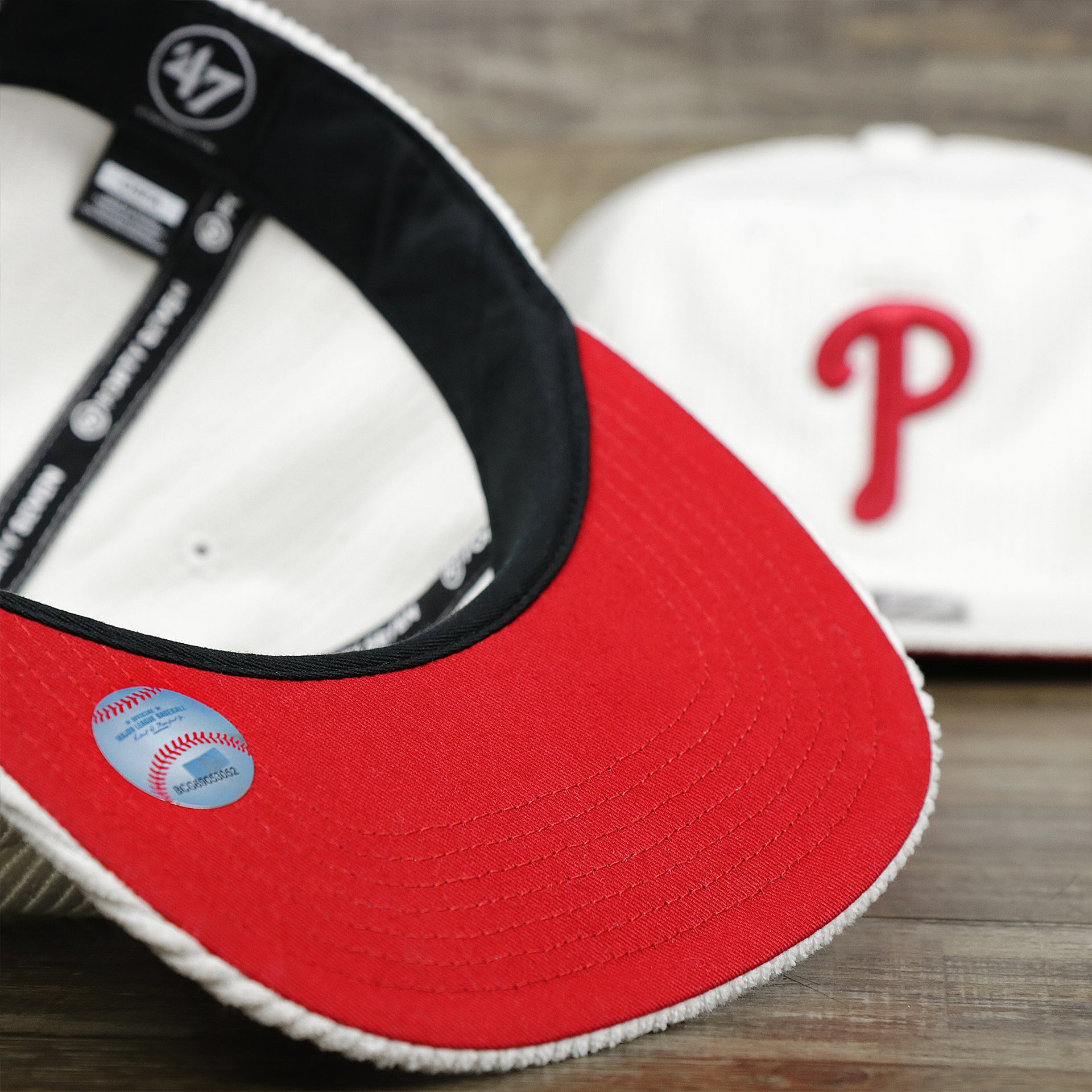 The undervisor on the Philadelphia Phillies Corduroy Snapback Hat | White Corduroy Snap Cap